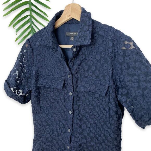 Banana Republic Floral Embroidered Peplum Button-Front Shirt in Navy - Picture 5 of 9